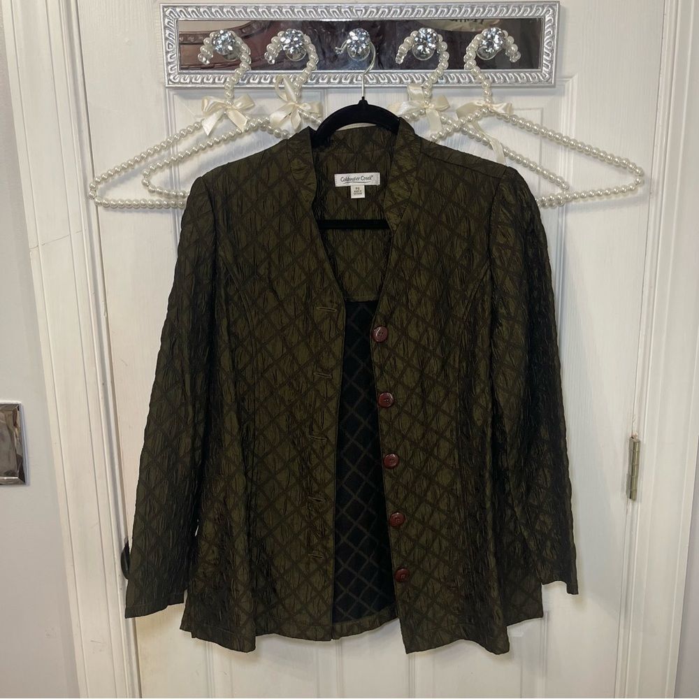 Coldwater Creek Women's Olive Metallic Tunic Duster Jacket Long Top Size PS